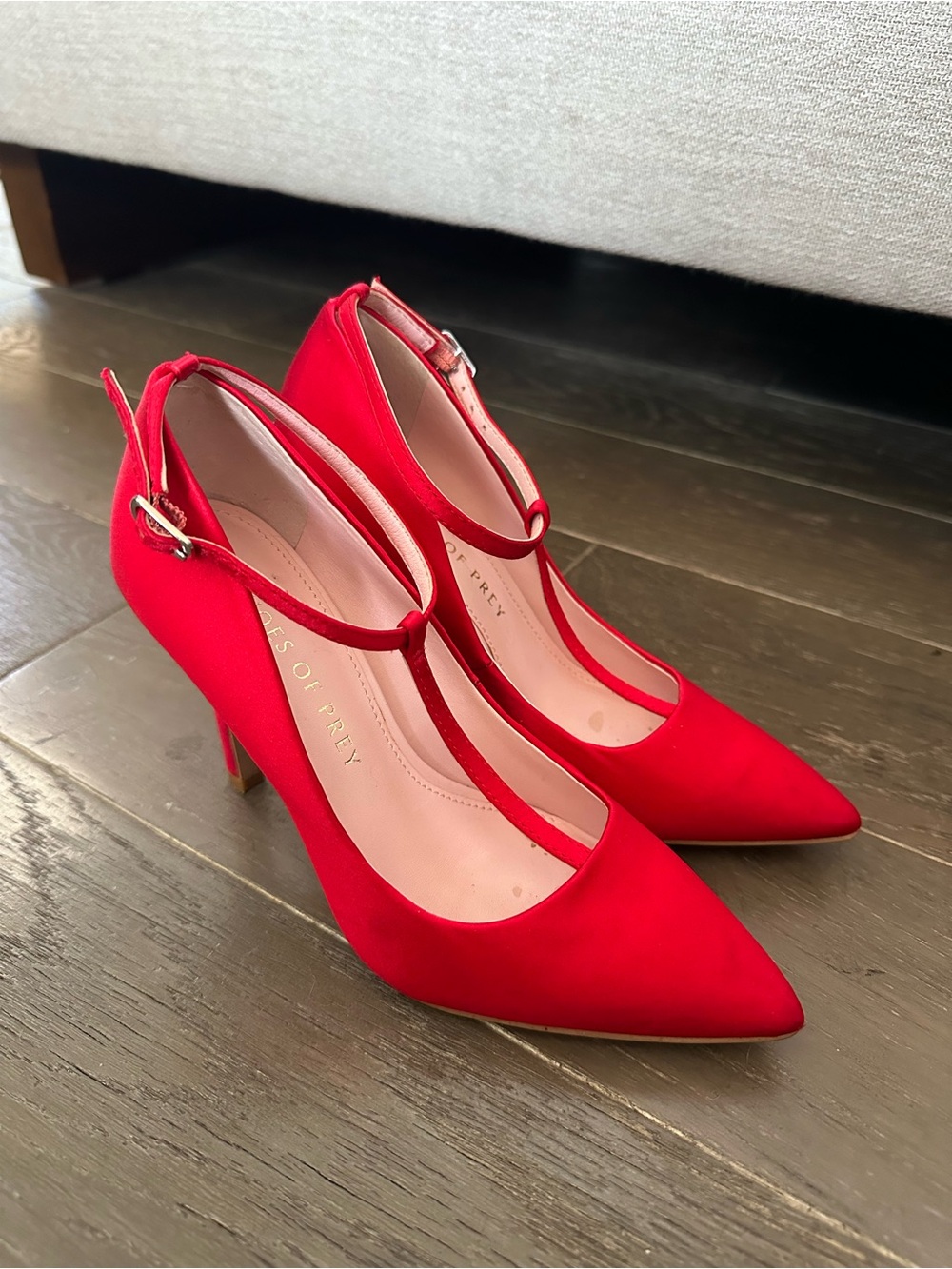 Red T-Strap Pointed Toe Pumps - Women